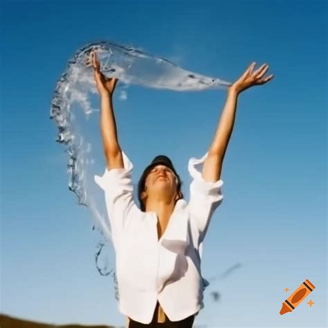 Person in white shirt kneeling with arms raised under pouring water on ...