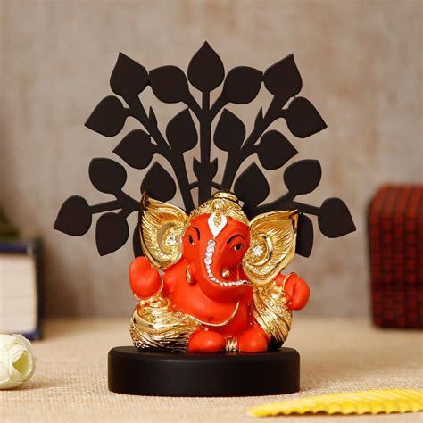 Gold Plated Orange Kaan Ganesha Decorative Showpiece with Wooden Tree ...