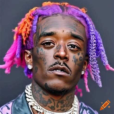 Lil uzi vert with pink and purple hair, with his real face and face tatoos on Craiyon