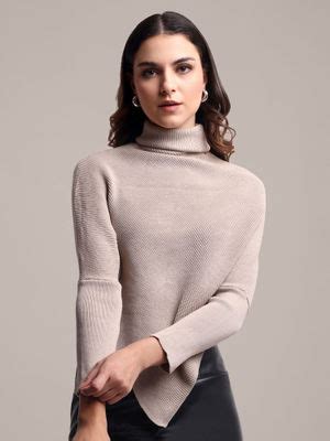 Buy IKI CHIC Solid Beige Asymmetrical Turtle Neck Pullover (S) Online