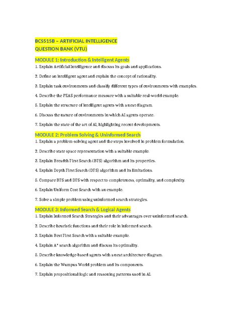 BCS515B AI Question Bank: Modules 1-3 Overview and Key Concepts - Studocu