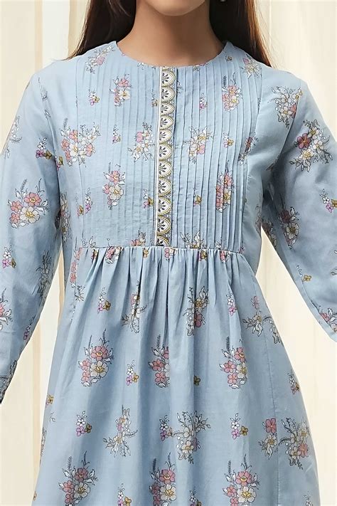 Buy Dull Blue Cotton Flared Printed Kurta Set Online at Biba India