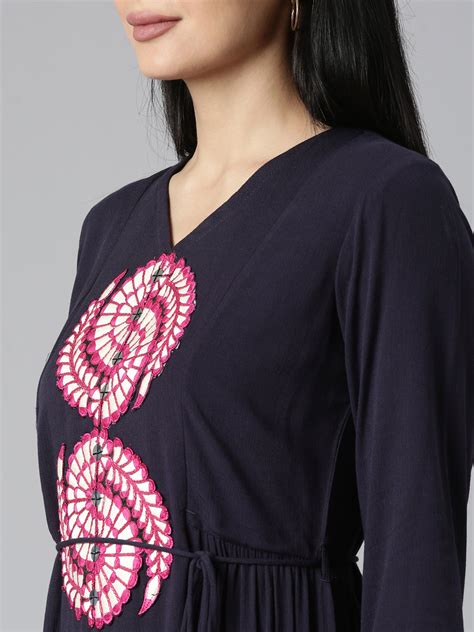 Neerus Navy Blue Flared Casual Solid Maxi Dresses – Neerus India