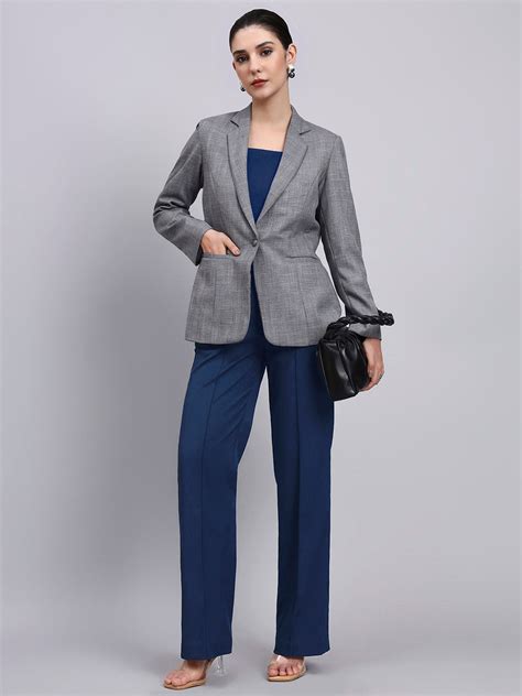 Grey Blazer-Set with Contrast Navy Blue Straight fit Pants