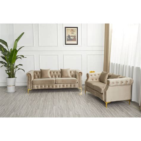 Velvet 2 Piece Loveseat and Sofa Living Room Set Beige - 2 Piece ...