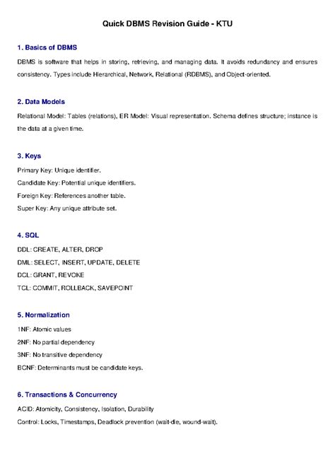 KTU DBMS Quick Revision Guide: Key Concepts and Techniques - Studocu