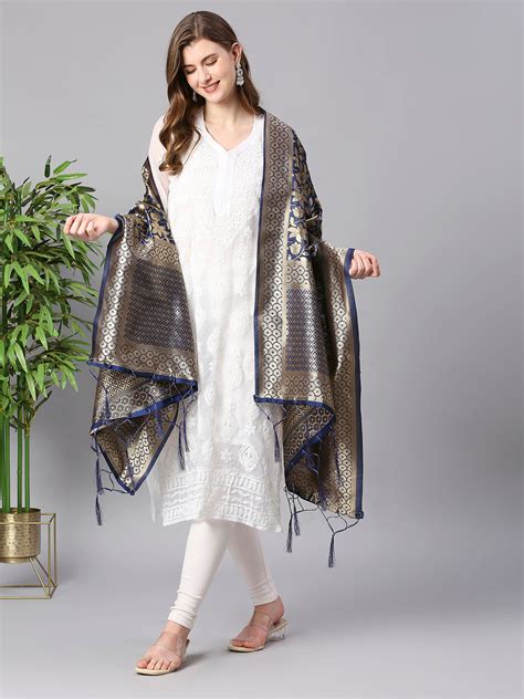 Navy Blue Banarasi Silk Dupatta with Floral Weaving – Dupatta Bazaar