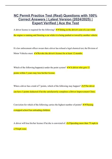 NC Permit Practice Test (Real) Questions with 100% Correct Answers ...