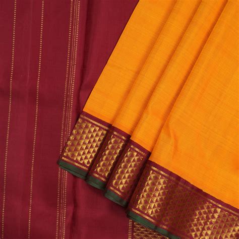 Hayagrivas Handloom Orange Kanjivaram Nine Yards Silk Saree with Maroo ...