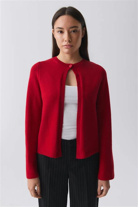 One button knit cardigan - Red - Women - Gina Tricot