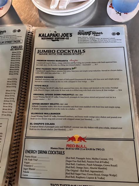 Menu at Kalapaki Joe's Poipu pub & bar, Koloa