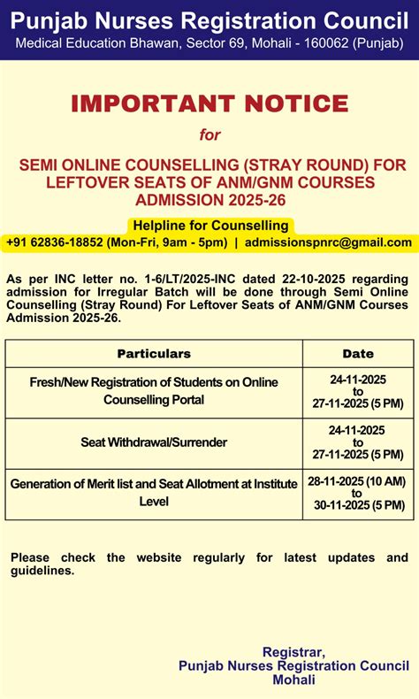 Punjab Nurses Registration Council Admission Counselling Portal