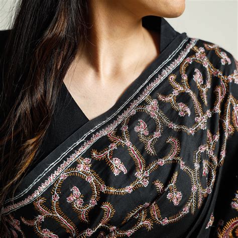 Black Hand Embroidery Chanderi Silk Kashida Saree with Zari Border
