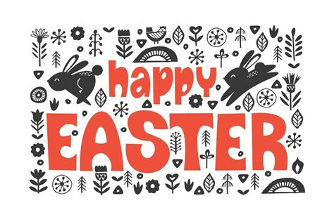 happy Easter. Black and white greeting card. Folk style. 4692911 Vector ...