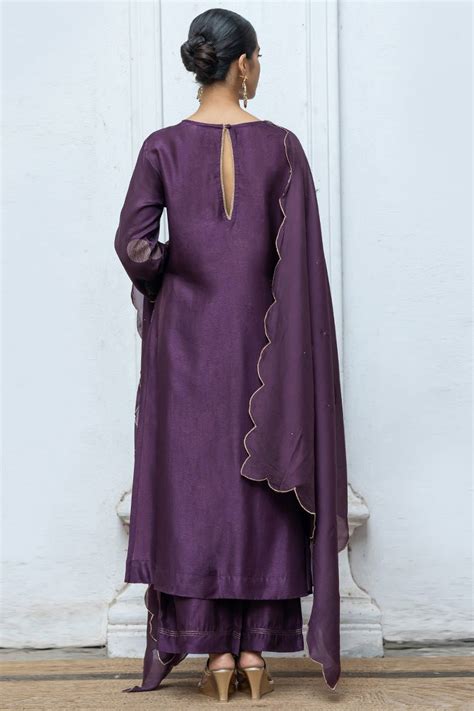 Deep Purple Golden Embroidered Raw Silk Salwar Suit With Silk Organza