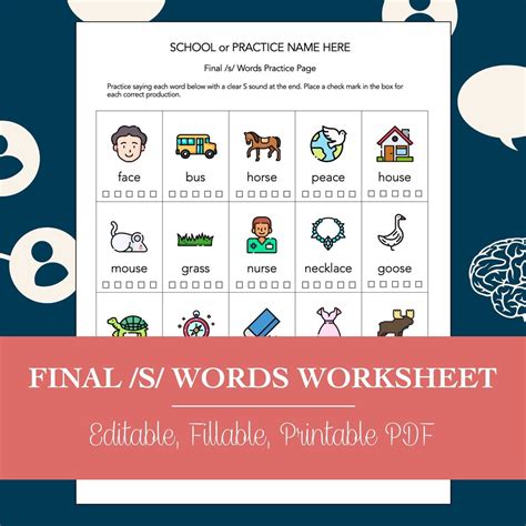 Final /S/ Words in Pictures Worksheet for Speech Therapy (editable ...
