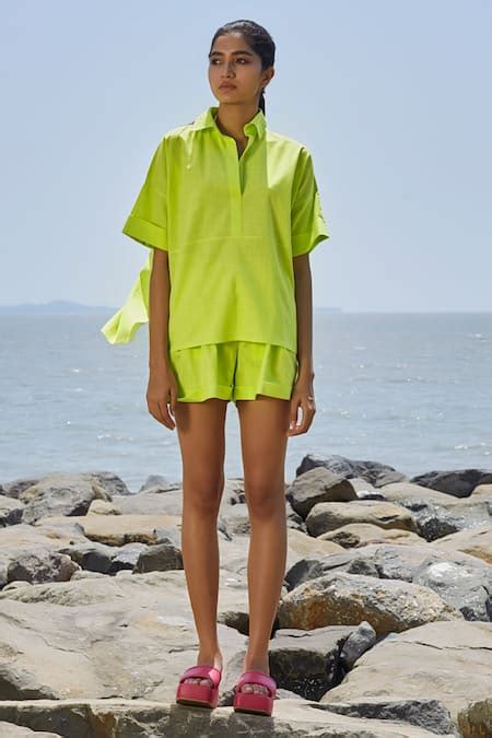 Buy Green Cotton Collared Ekin Pure Neon Shirt And Shorts Co-ord Set ...