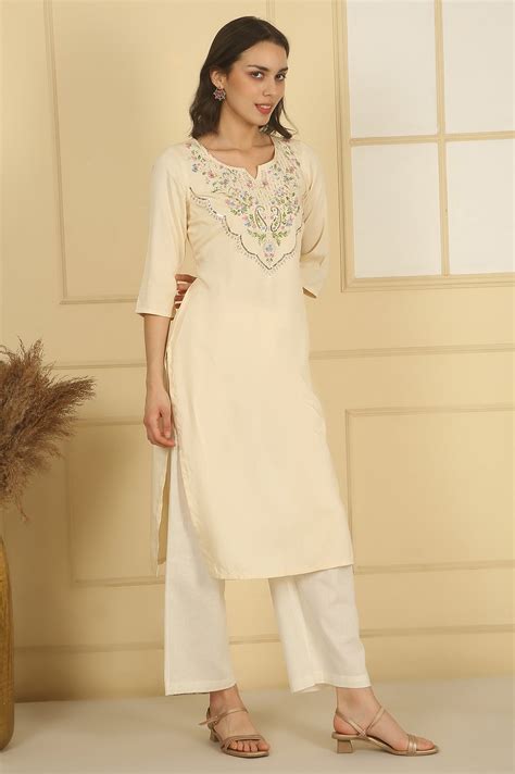 Buy Cream Sequined Embroidered Straight Kurta Online for Woman | Shop ...