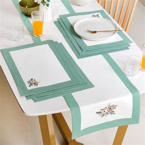 Ventosa Pure Cotton Table Runner And Placemat Set Of 7 In Teal Online ...