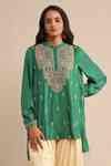 Buy Green Viscose Embroidery Mandarin Collar Floral High Low Kurta For ...