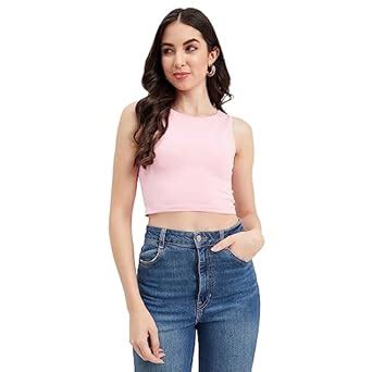 HYPERNATION Pink Cotton Lycra Crop Top for Women(HYPW03628, S) : Amazon ...