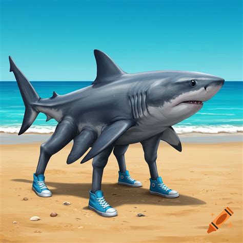 A cartoon great white shark wearing shorts and blue shoes walks on a ...