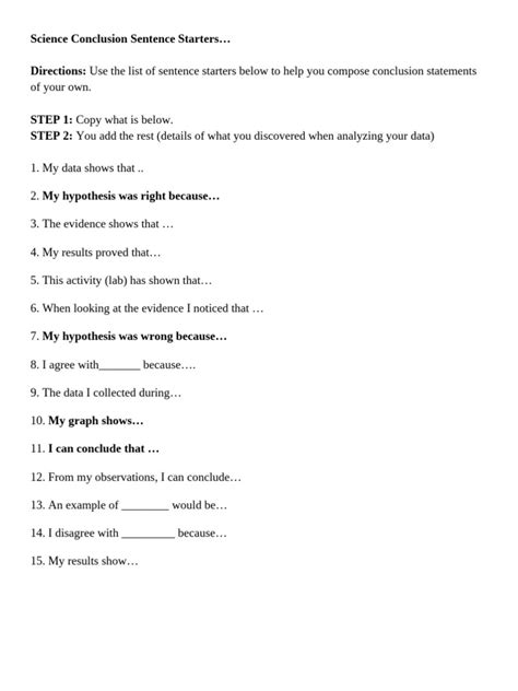 Science Conclusion Sentence Starters | PDF