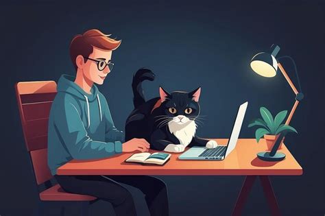 Laptop work companion cozy cat addition vector art | Premium AI ...