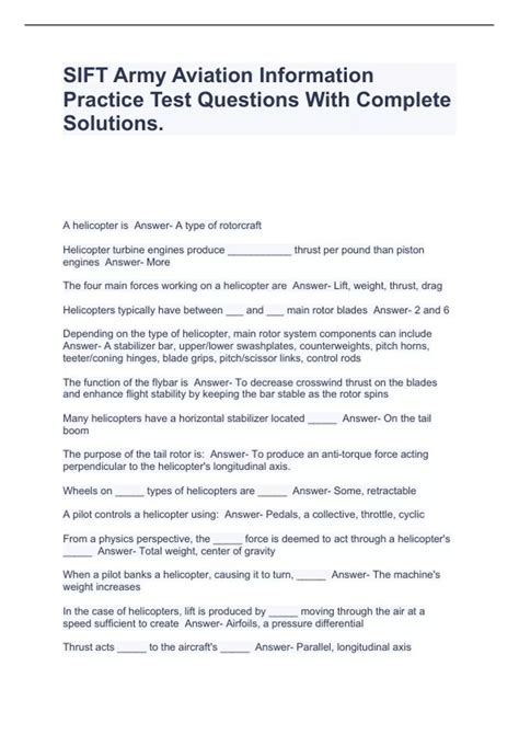 SIFT Army Aviation Information Practice Test Questions With Complete ...