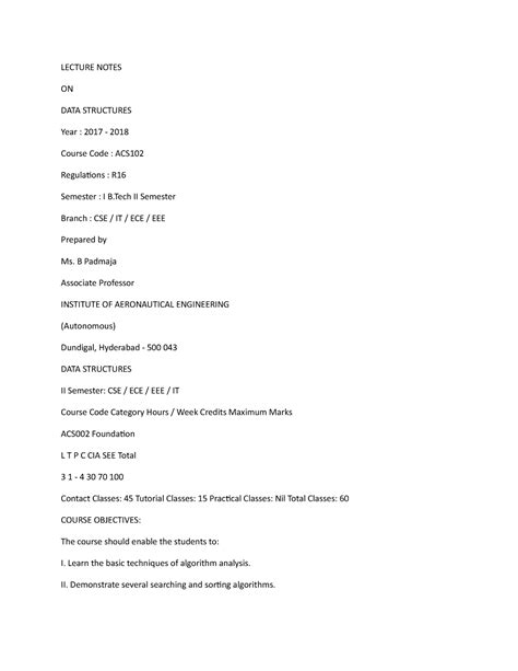 Data structure notes - LECTURE NOTES ON DATA STRUCTURES Year : 2017 ...