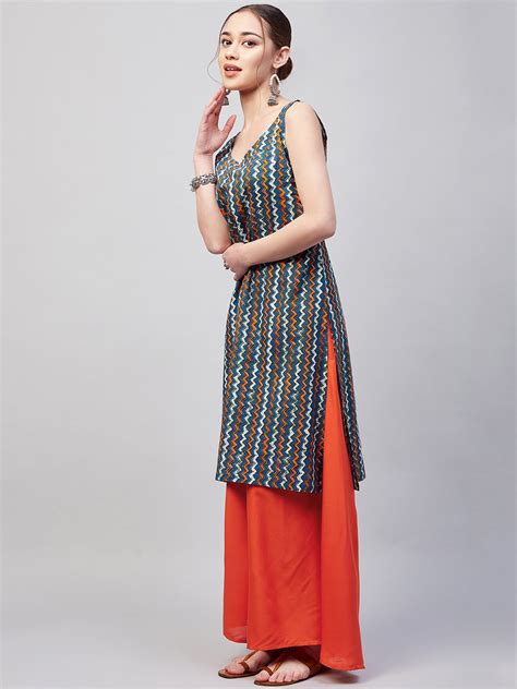 Blue Orange Zig Zag Straight Orange Palazzo Set