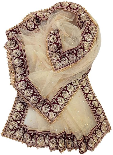 Navti Creations Wedding Bridal Women's Golden Net Dupatta With Maroon ...