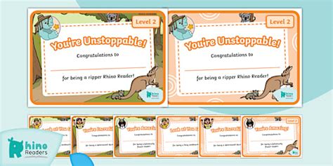 Rhino Readers Level 2 Certificates - EYLF - Phonics - Twinkl