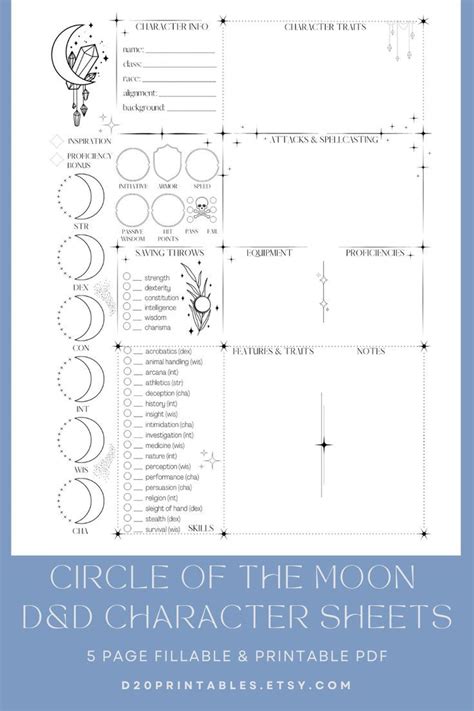 Circle of the Moon Druid DnD Character Sheets, Printable Dungeons ...