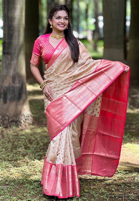 Chickoo Kanjivaram Tissue Silk Traditional Zari Woven Saree – Elite Weaves