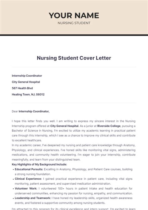 Free Nursing Student Cover Letter Template to Edit Online