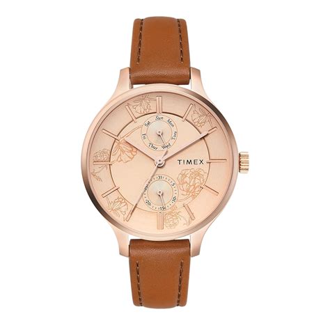 TIMEX Analog Watch for Women with Rose Gold Round Dial & Tan Leather ...
