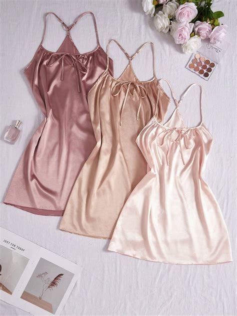 SilkySpell 3pcs/Set Plus Size Pleated Tie-Front Solid Faux Silk ...