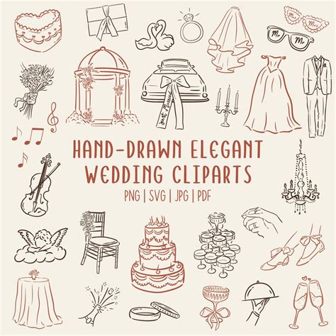 Hand-drawn Wedding Clipart Set | 60 Line Art Bride Elements | PNG SVG ...