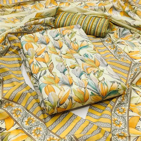 Yellow Floral Printed Cotton Blend Dress Material