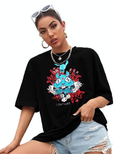 Buy LEOTUDE Women's Oversized Round Neck T-Shirts (GRL_FS49_BLK_Rabbit ...