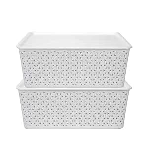 Anko Woven Container Set of 2 with Lid - Medium | Durable Stackable ...