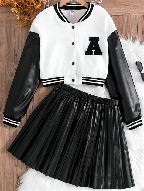 Teen Girl Letter Patched Striped Trim Drop Shoulder Varsity Jacket ...