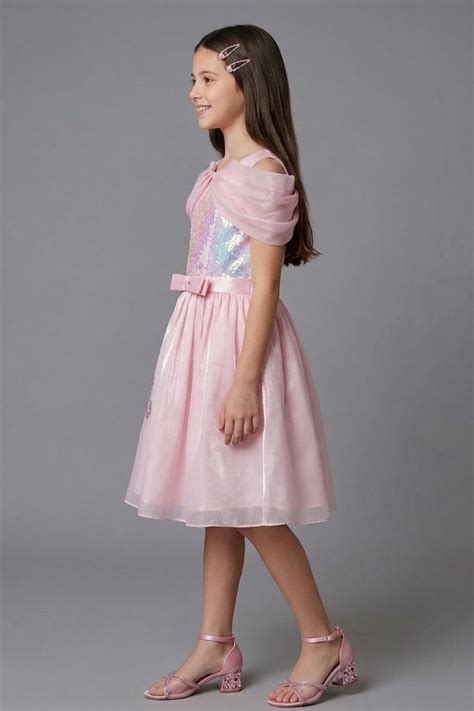 Barbie Girls Light Pink Shimmer Party Cape Sleeves Dress|Tiny Girl