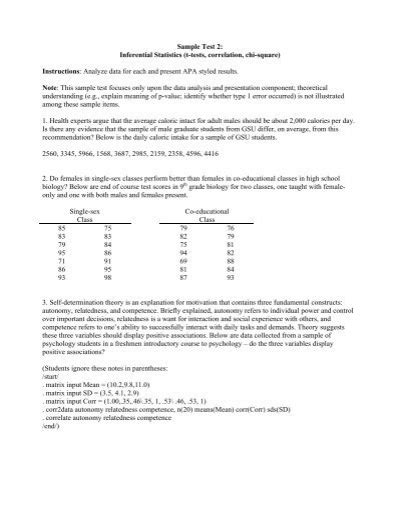Sample Test 2: Inferential Statistics (t-tests, correlation, chi-square ...