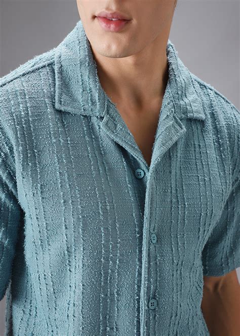 Cyan Plain Cuban Collar Knitted Shirt