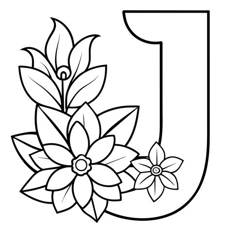 Alphabet J coloring page with the flower, J letter digital outline ...