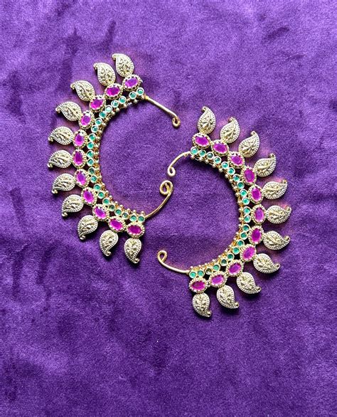 Traditional Crescent Shaped Bugadi (Back Ear Cuffs) with Pink & Green ...