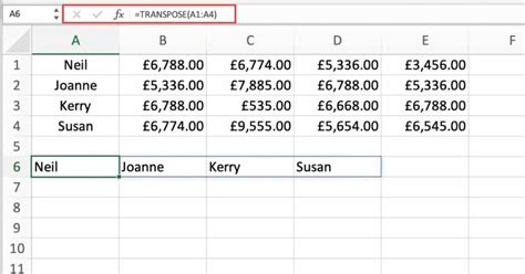 Transpose Function in Excel Example 的图像结果