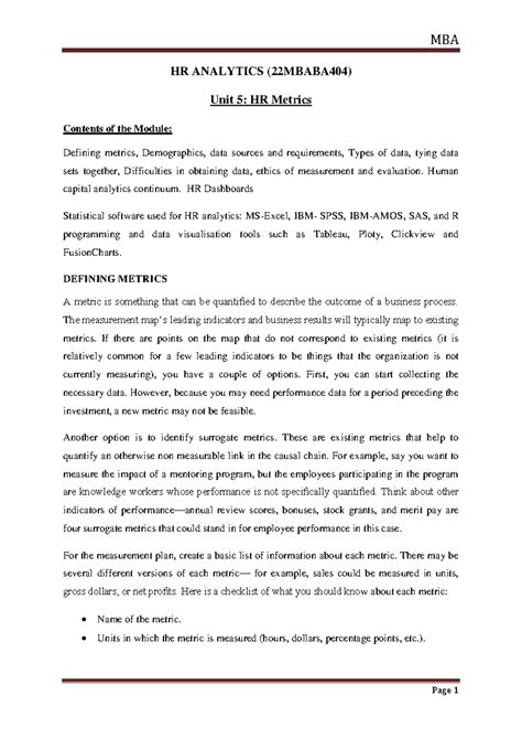 5th chap - 5th chapter - HR ANALYTICS (22MBABA404) Unit 5: HR Metrics ...